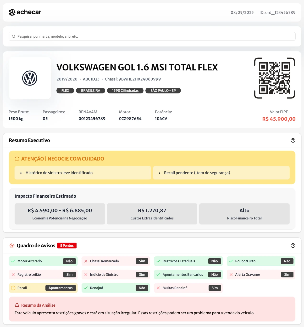 Preview da consulta veicular completa - restrições, multas, sinistros e verificação de titularidade