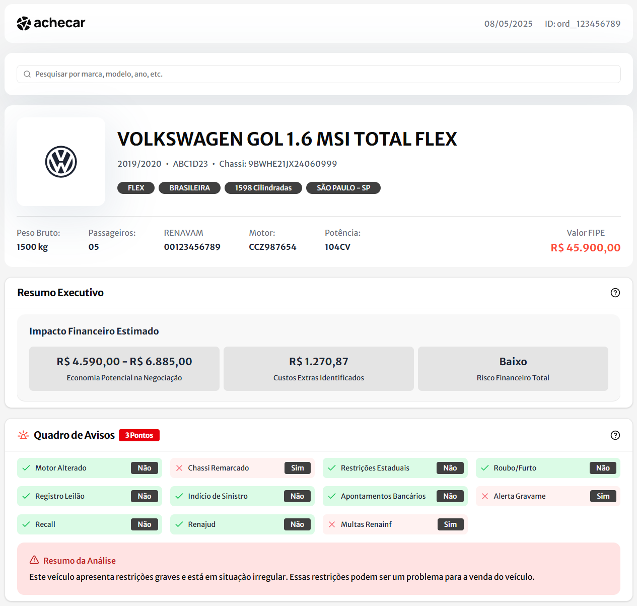 Preview da consulta veicular completa - restrições, multas, sinistros e dados do proprietário