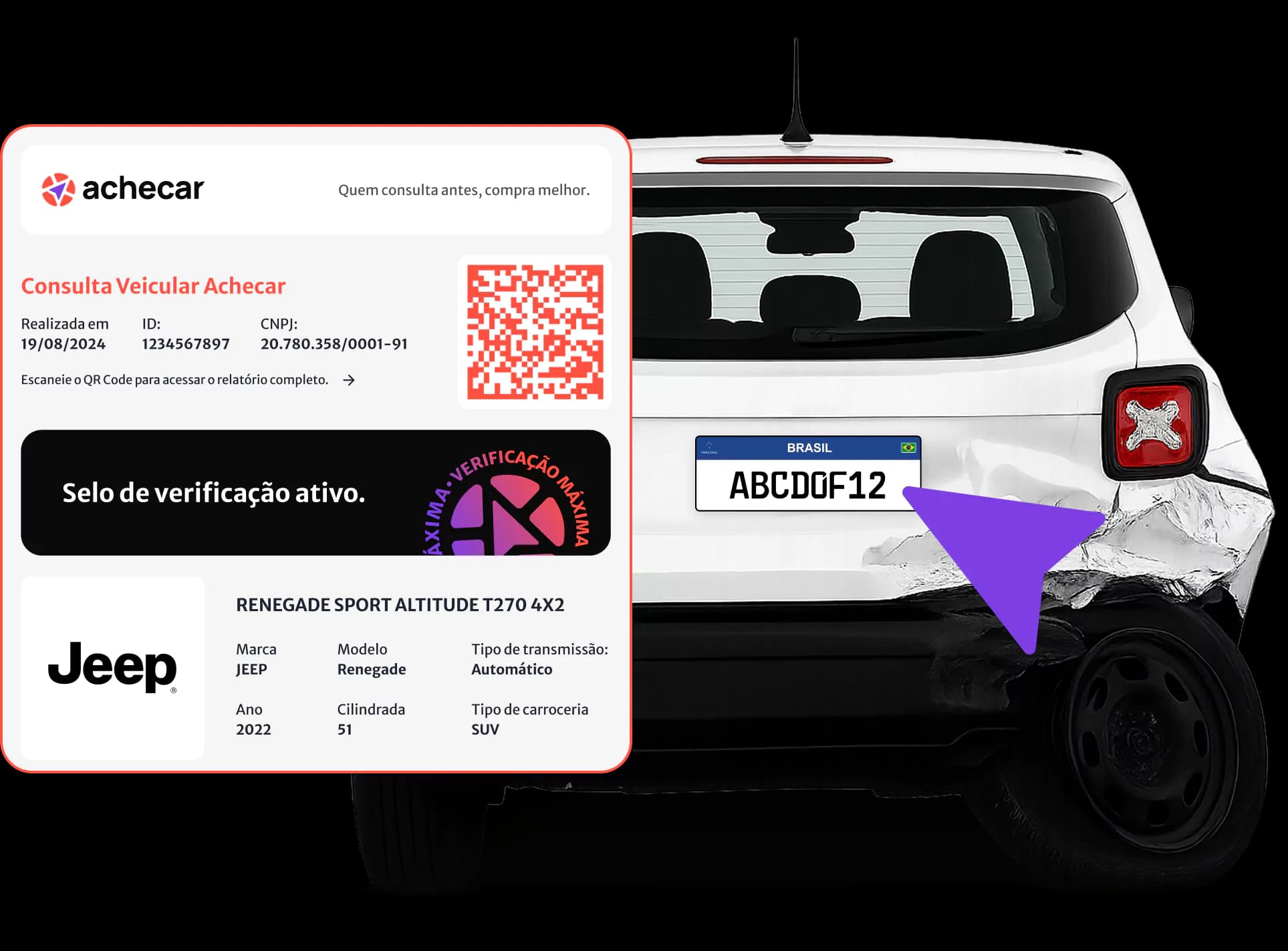 Exemplo de consulta veicular Achecar mostrando um Jeep Renegade com relatório detalhado