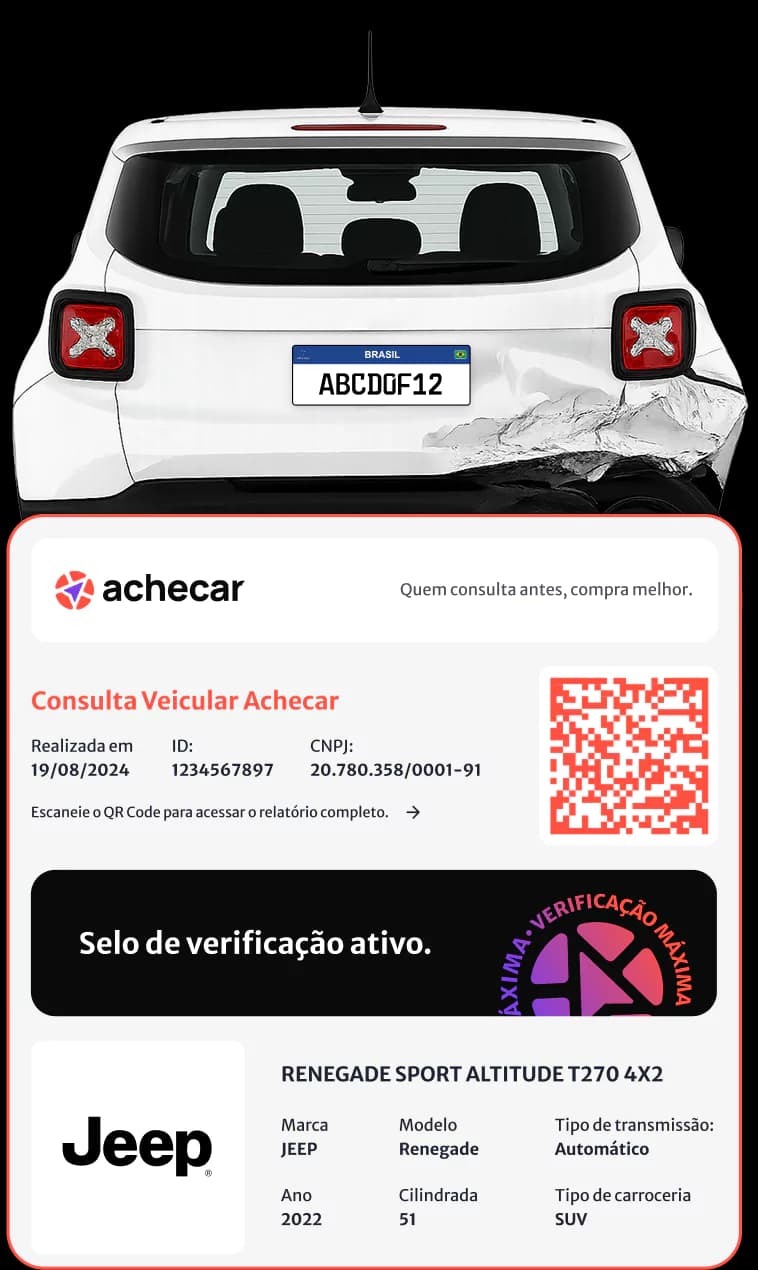 Exemplo de consulta veicular Achecar mostrando um Jeep Renegade com relatório detalhado