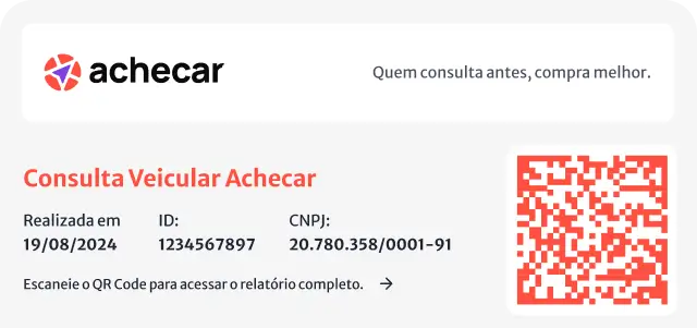 Comprovante de exmplo de consulta veicular na Achecar, com detalhes como data, ID, CNPJ e QR code para acesso ao relatório completo.